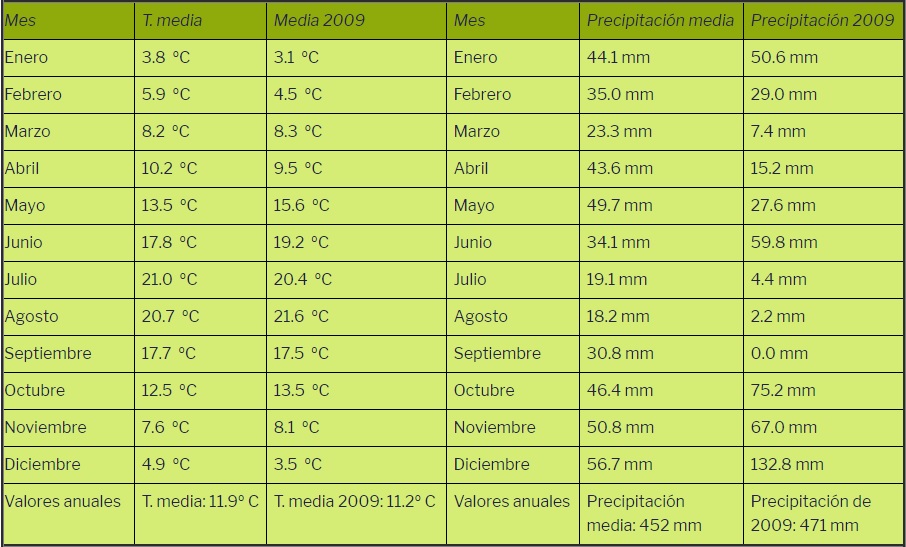 Temperaturas y precipitaciones del año 2009