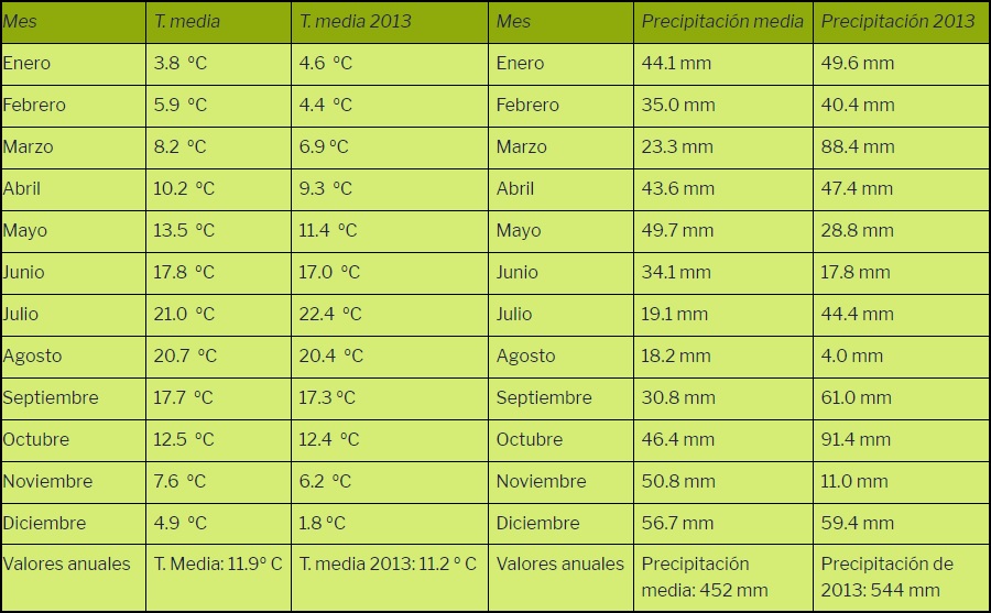 Temperaturas y precipitación del año 2013